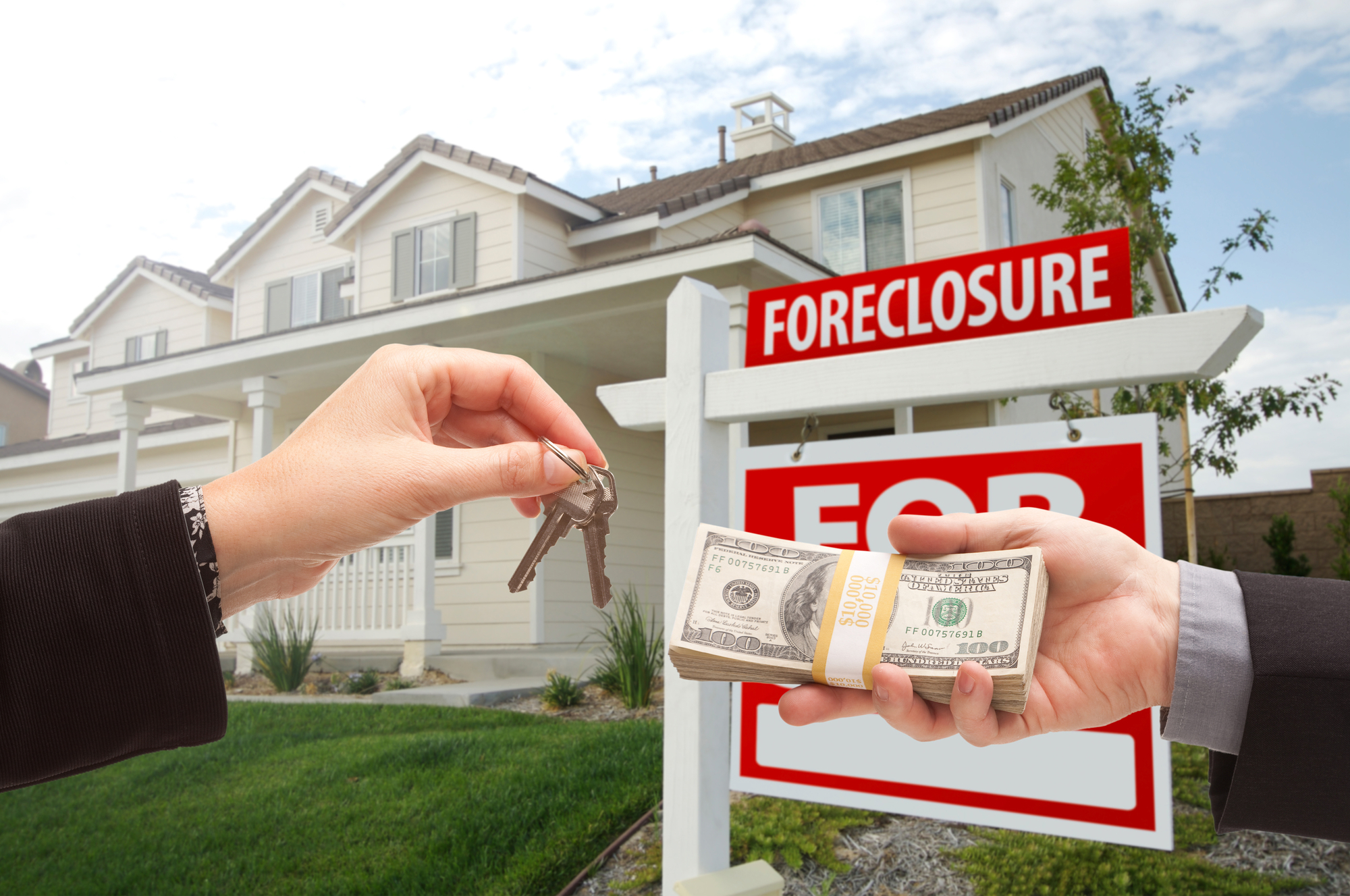 A person handing a person money in front of a house with a foreclosed sign.