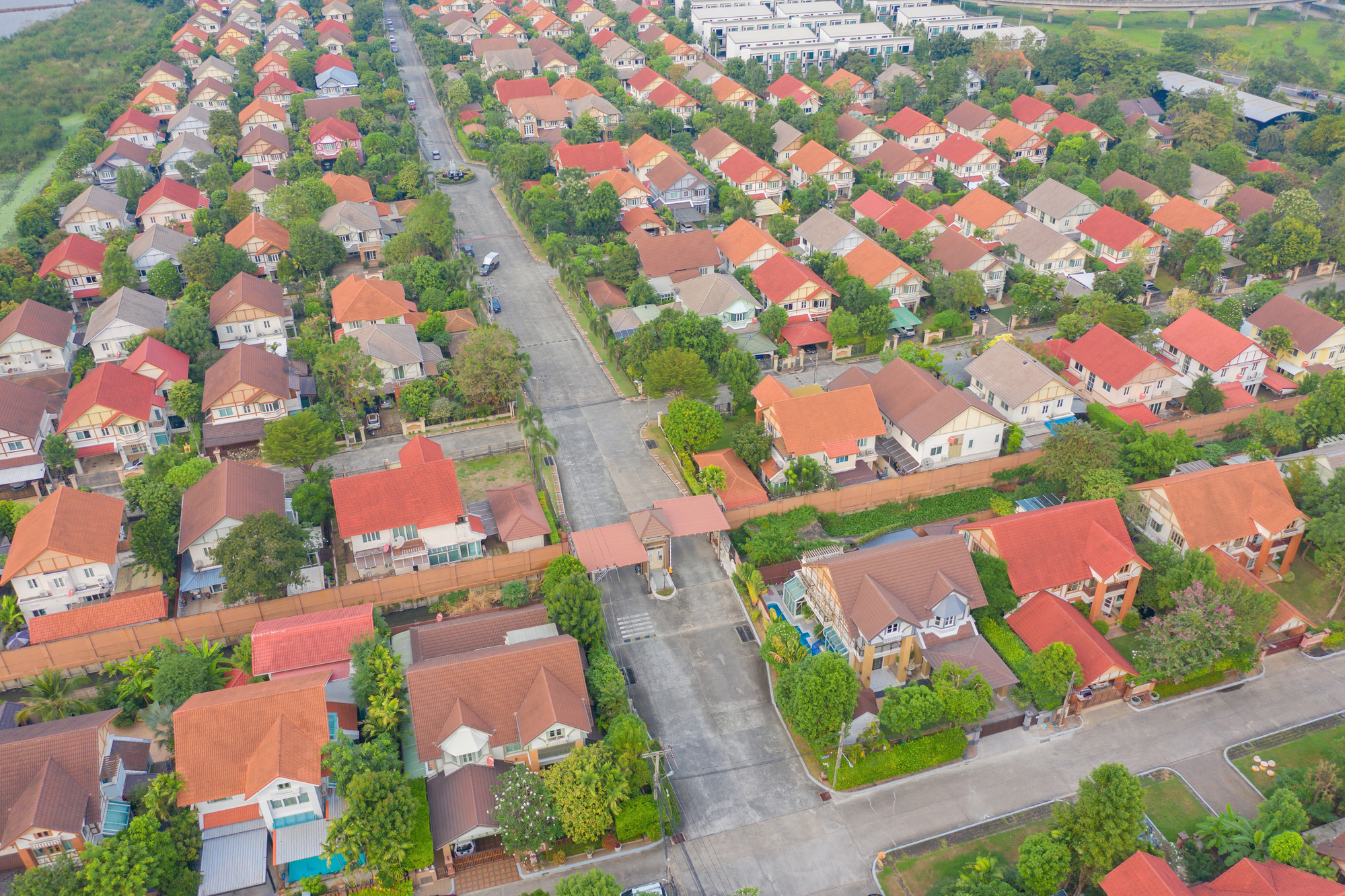 An aerial view of a residential neighborhood in thailand.