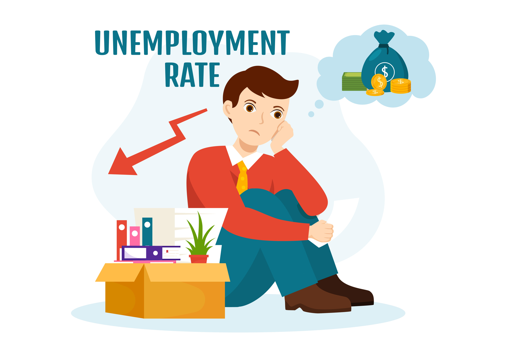 A man sitting in front of a box with the words unemployment rate.