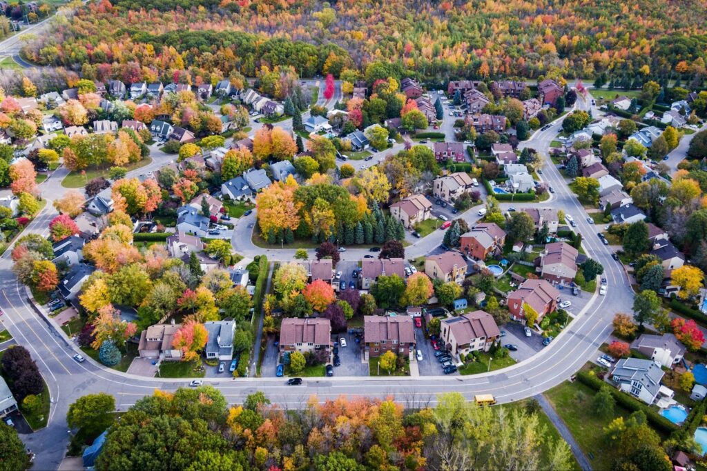 An aerial view of a residential neighborhood in the fall.