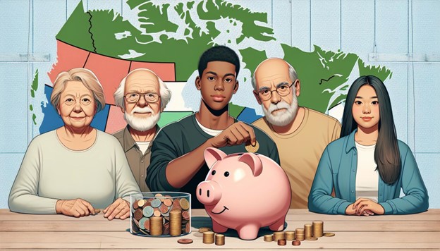A group of people are putting money into a piggy bank in front of a map.
