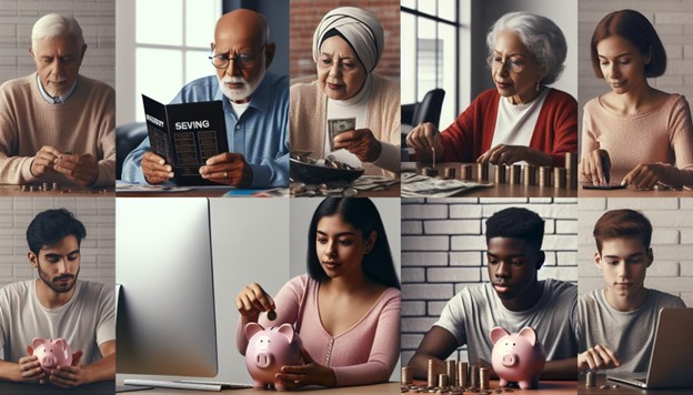 A collage of people and a piggy bank.
