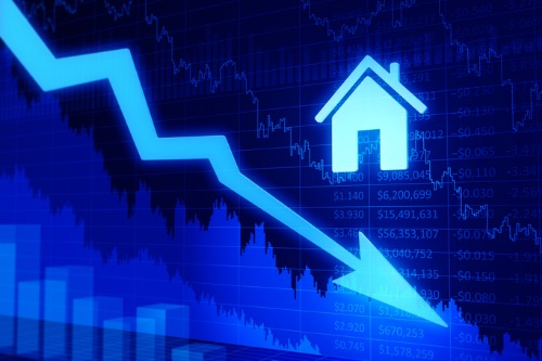 A blue arrow with a house on it in front of a stock chart.