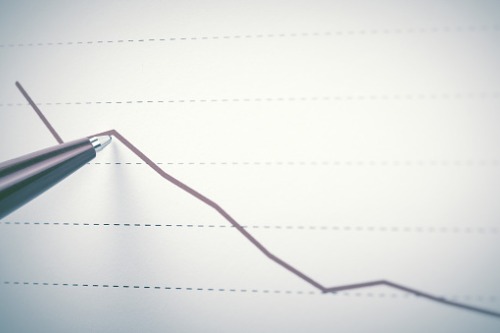 A pen is pointing at a graph with a downward trend.
