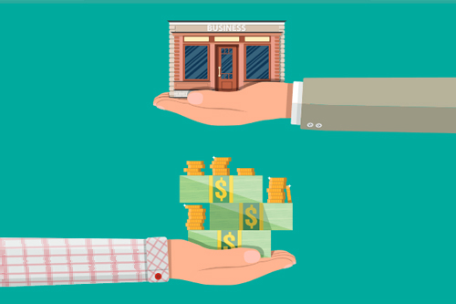 Two hands holding money and a building on a green background.