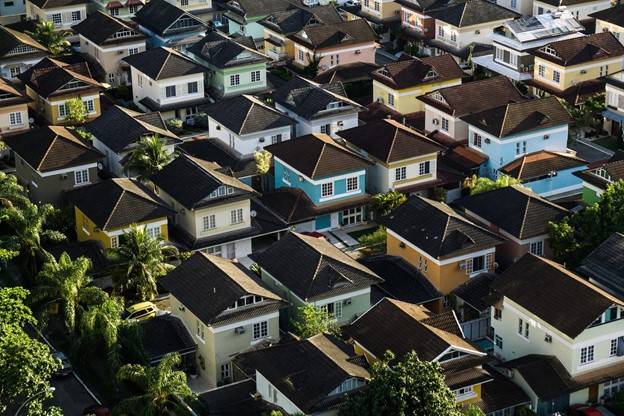 An aerial view of a residential neighborhood in indonesia.