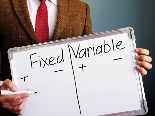 A businessman holding up a whiteboard with the word fixed variable.