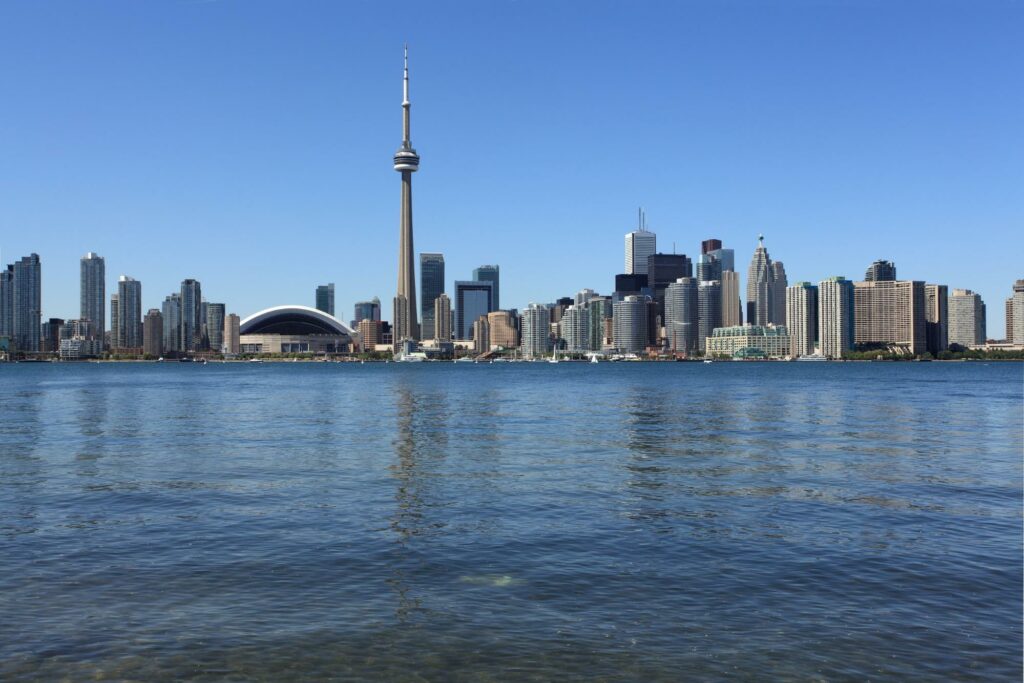 Toronto skyline seen from the water.