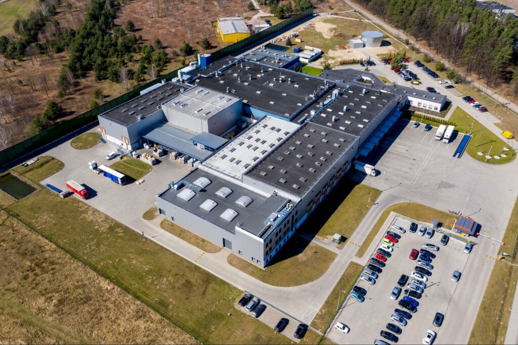An aerial view of an industrial building.