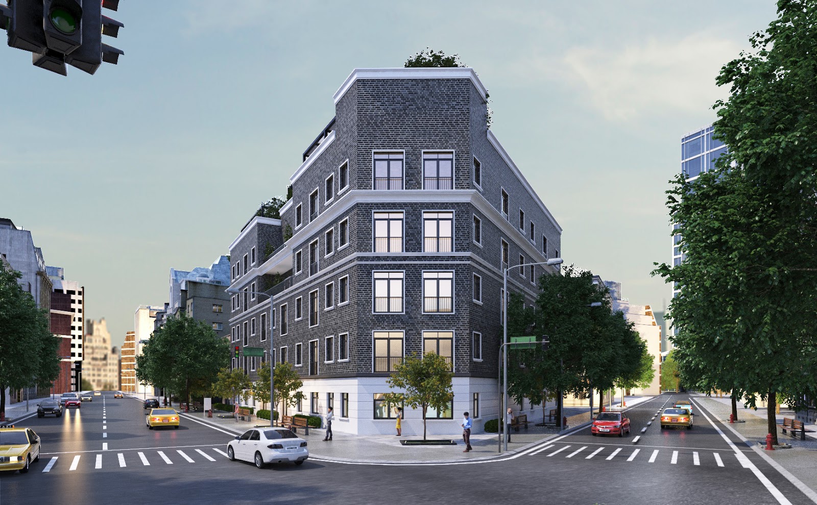 A rendering of an apartment building on a city street.