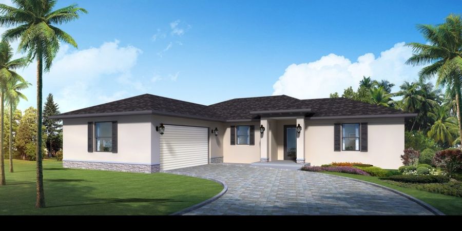 A 3d rendering of a house with a garage and palm trees.