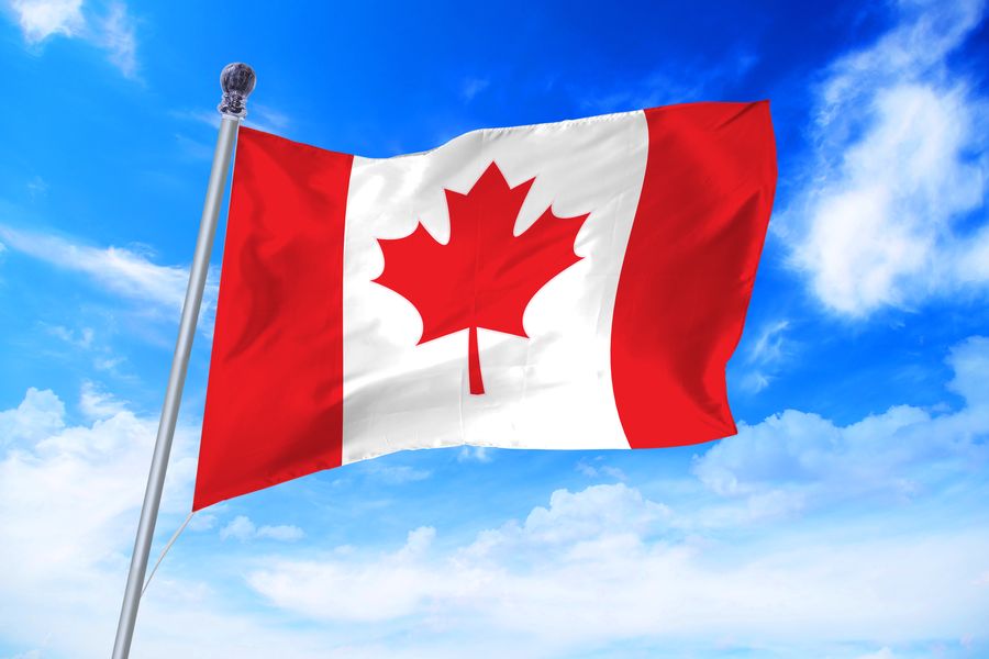 A canadian flag waving in the wind against a blue sky.
