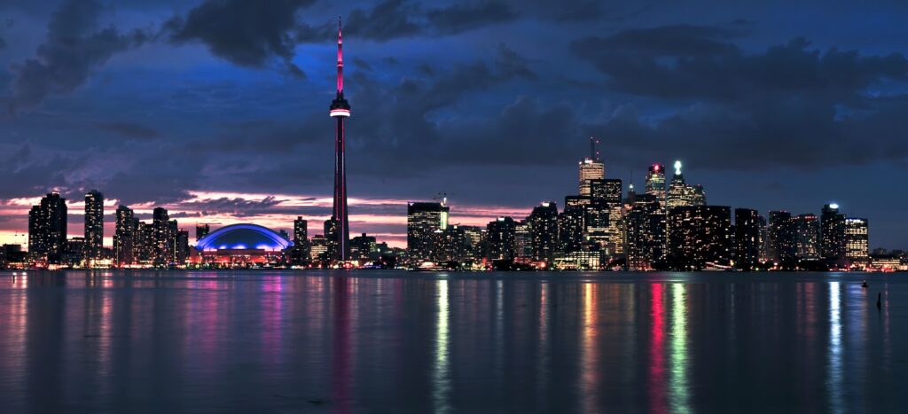 Toronto skyline at dusk.