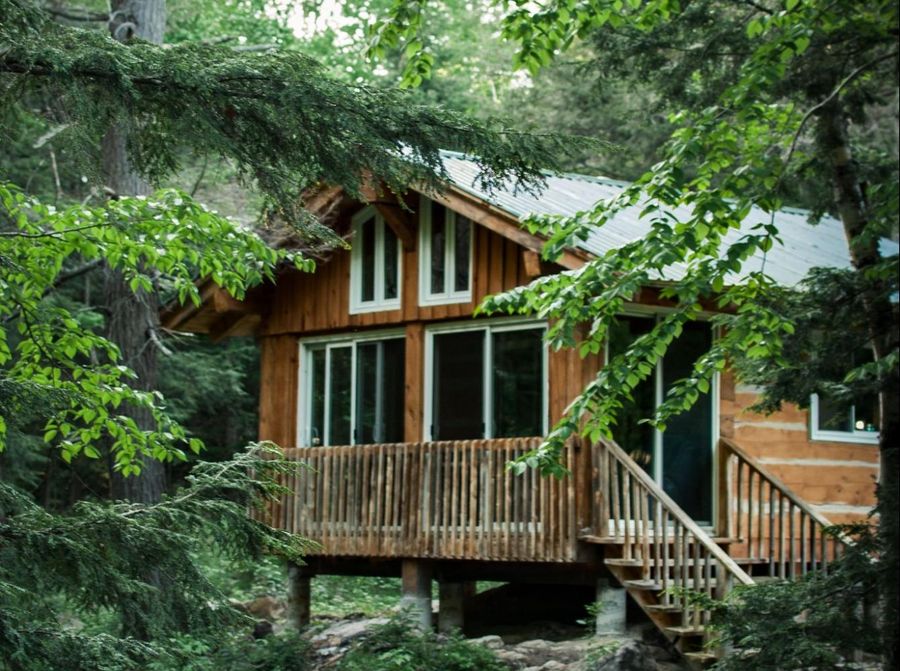 A cabin in the woods surrounded by trees.