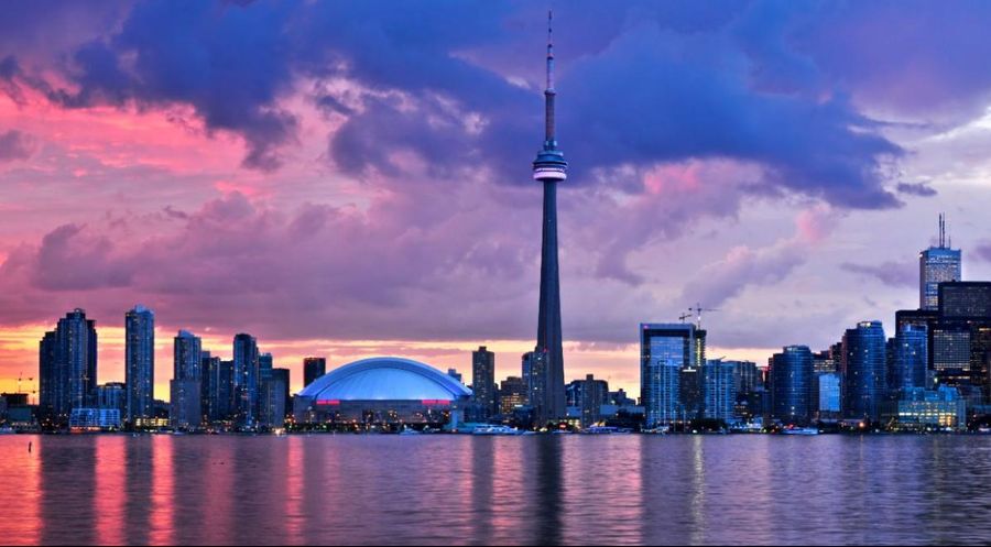 Toronto skyline at sunset.