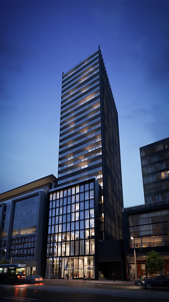 A rendering of a tall building at night.