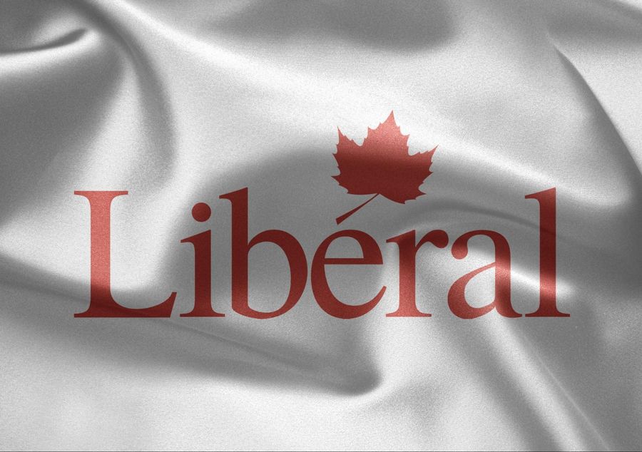 A red and white banner with the word liberal on it.