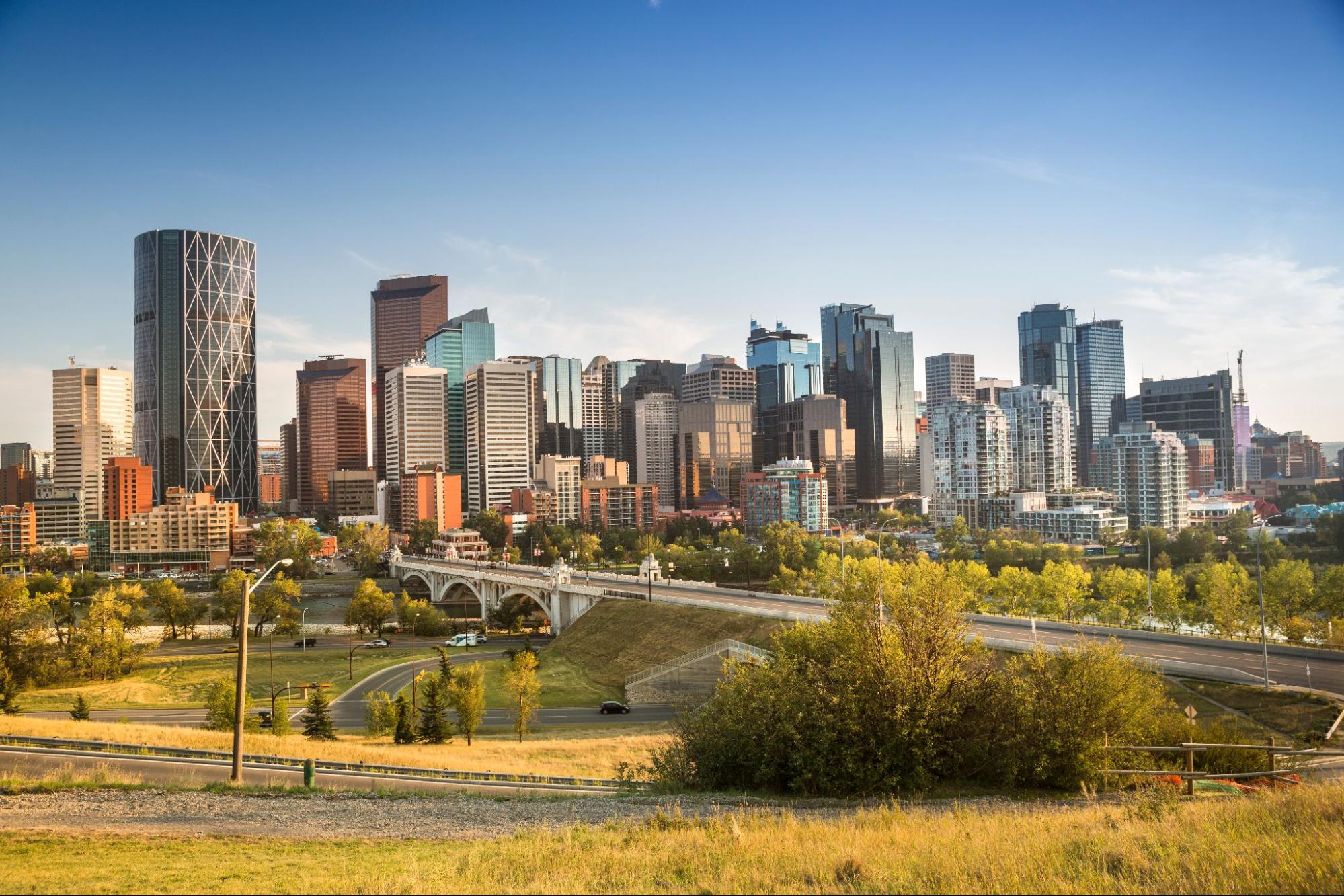 A view of the city of calgary from a grassy field.