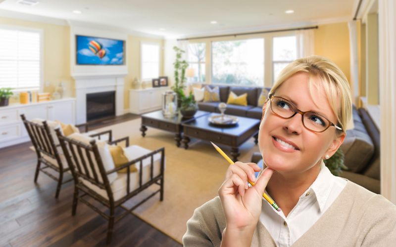 A woman in glasses is standing in front of a living room.