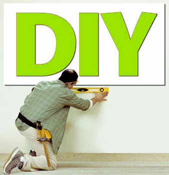 A man is measuring a wall with the word diy.