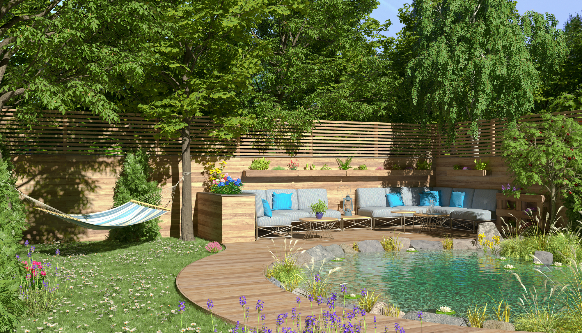 3d rendering of a garden with pond and a sitting area