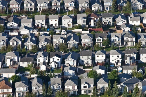 An aerial view of a row of houses in calgary.