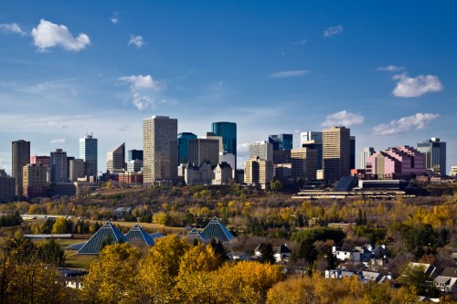 The skyline of edmonton in the fall.
