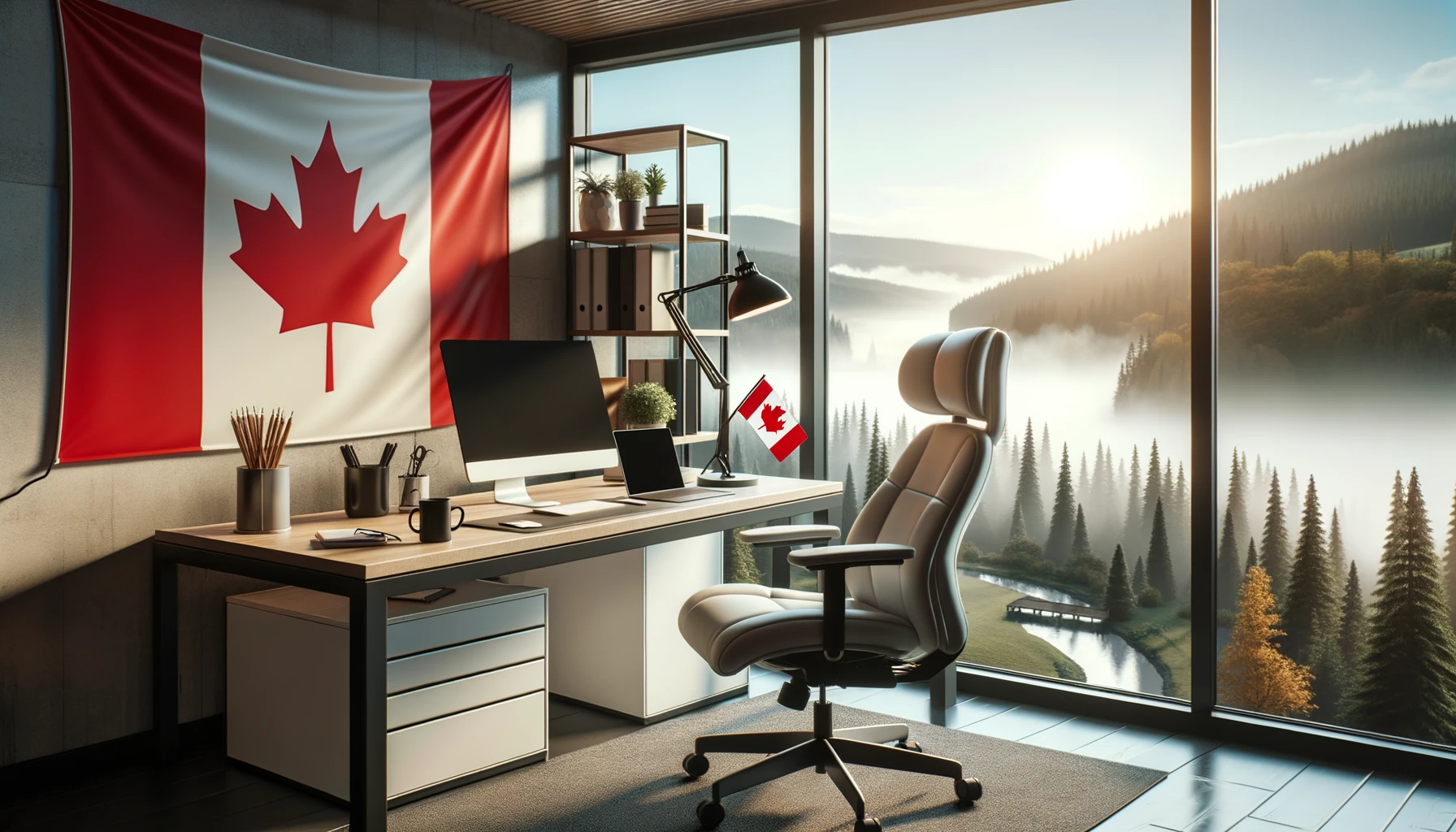 A desk with a canadian flag in front of it.