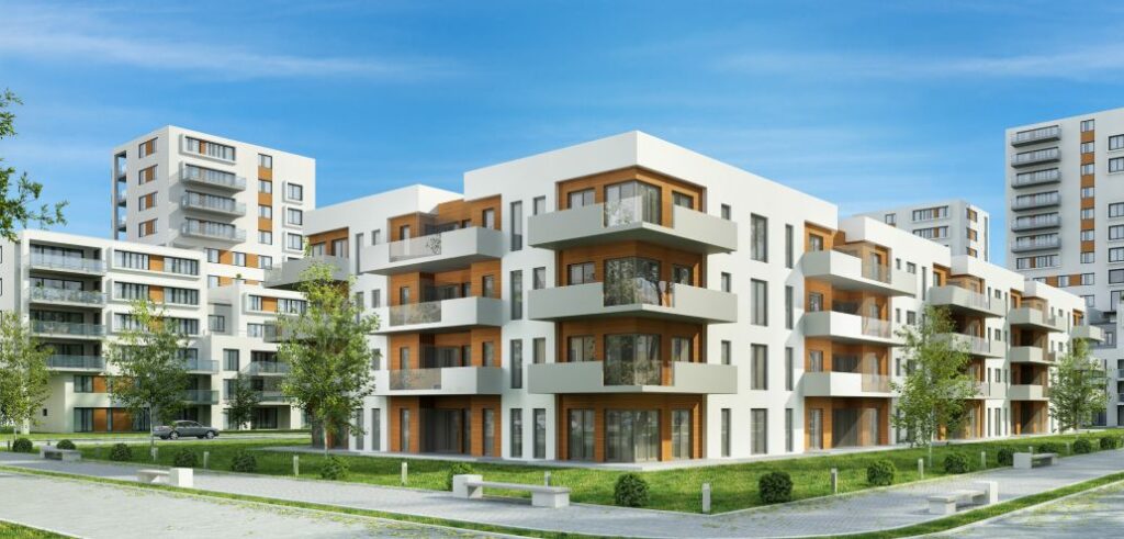 A nuvo 3d rendering of a modern apartment building.