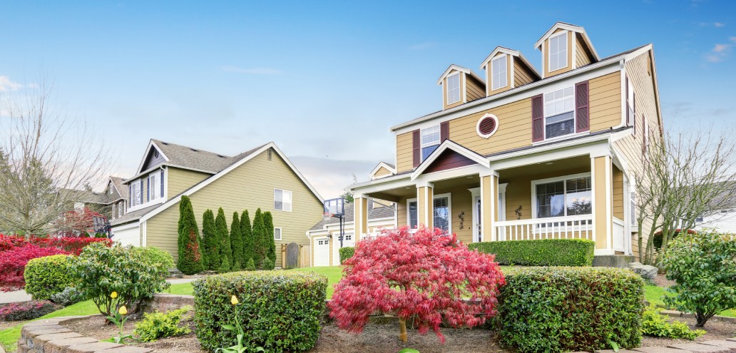 A house with charming curb appeal, adorned with beautiful bushes and colorful flowers in front of it.