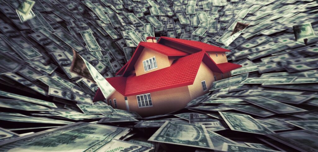 A house in the middle of a pile of money.