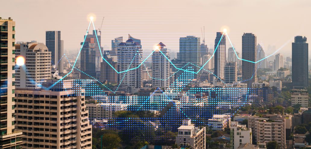 financial stock chart hologram over panorama city view of bangkok business center in asia