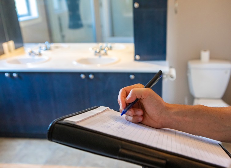 A person writing on a clipboard in front of a bathroom.