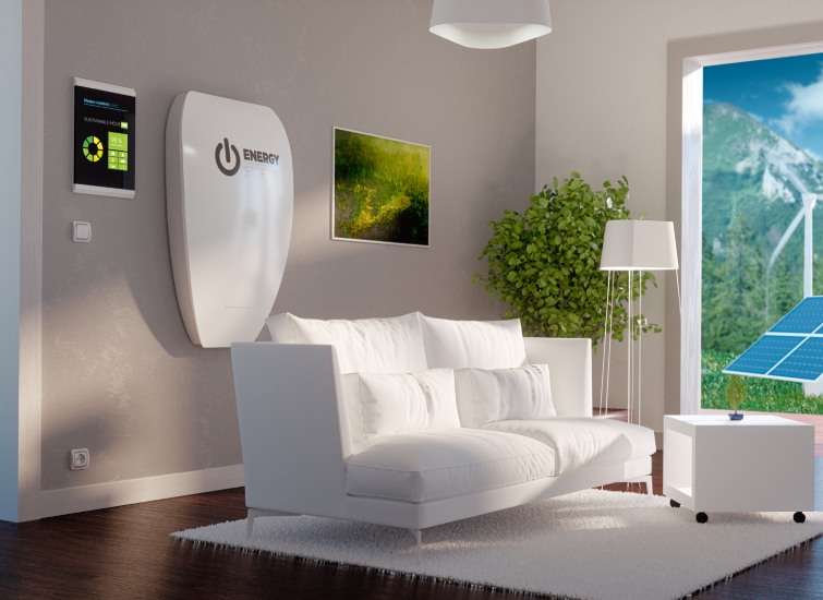 A white living room with a view of a wind turbine.
