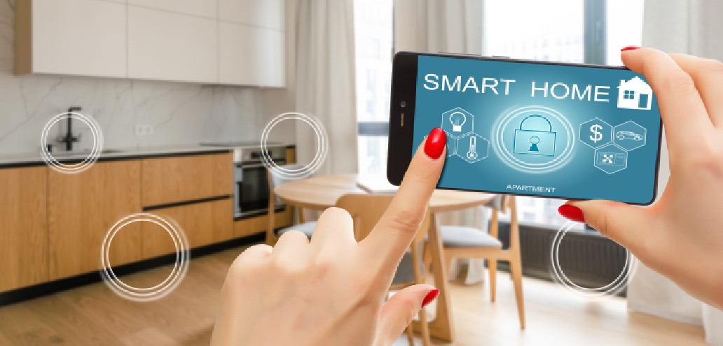 A woman is holding up a smart phone with the word smart home on it.