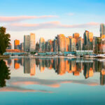 Vancouver skyline with Stanley Park at sunset, British Columbia, Canada