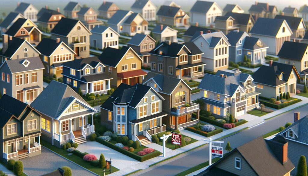 A 3d rendering of a neighborhood of houses.