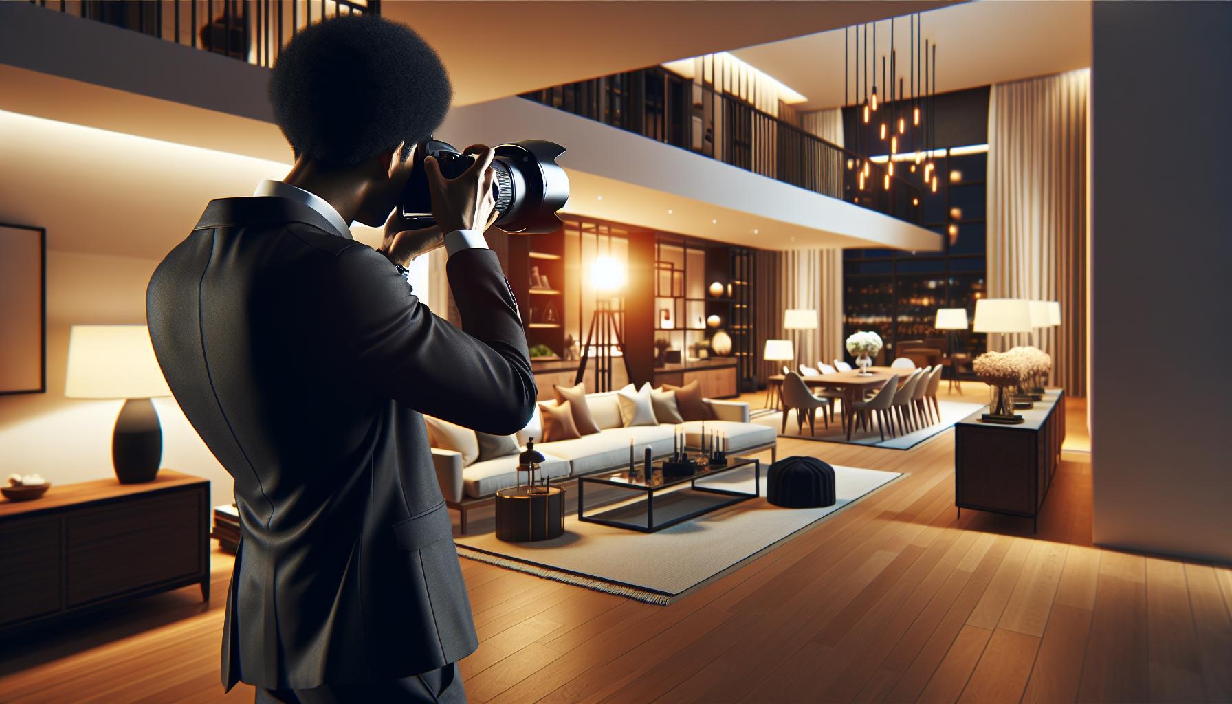 A man in a suit is taking a picture of a living room.