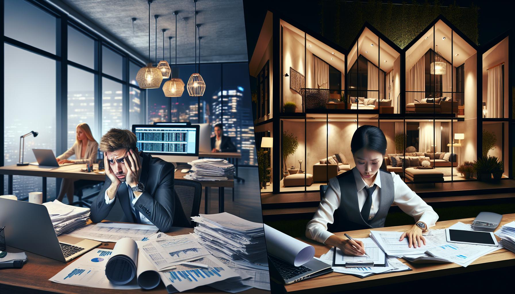 Two pictures of people working at a desk at night.