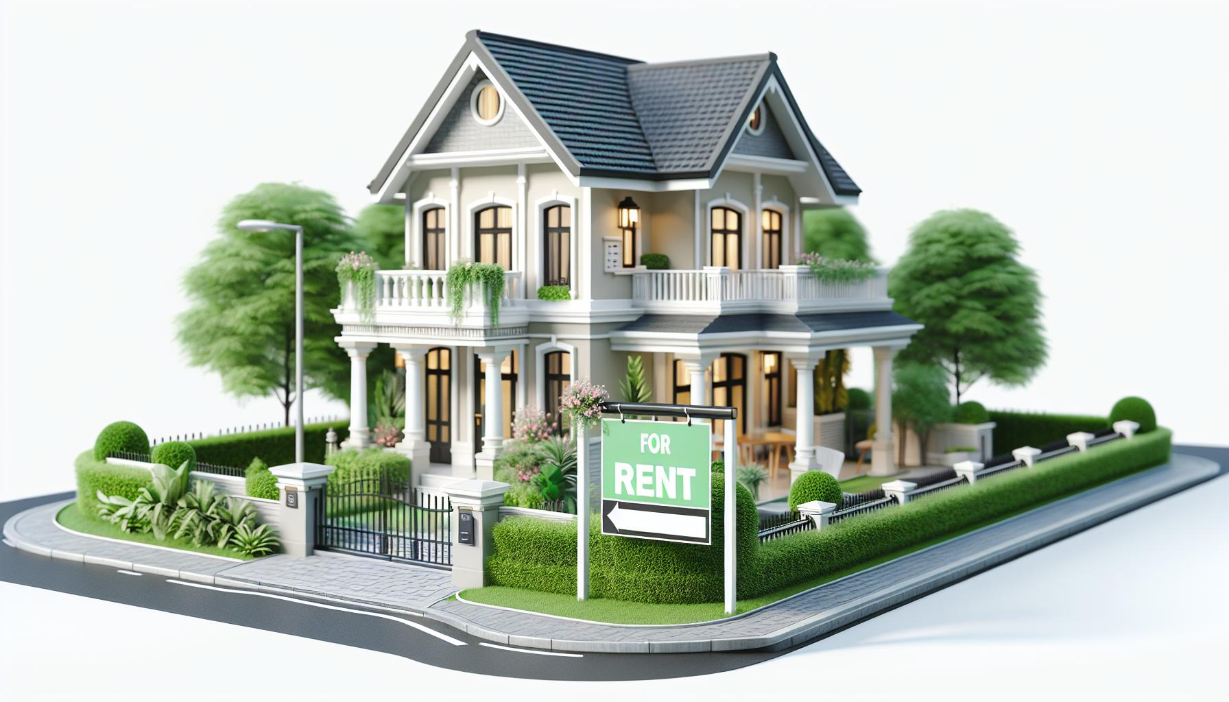 A 3d model of a house with a rent sign on it.
