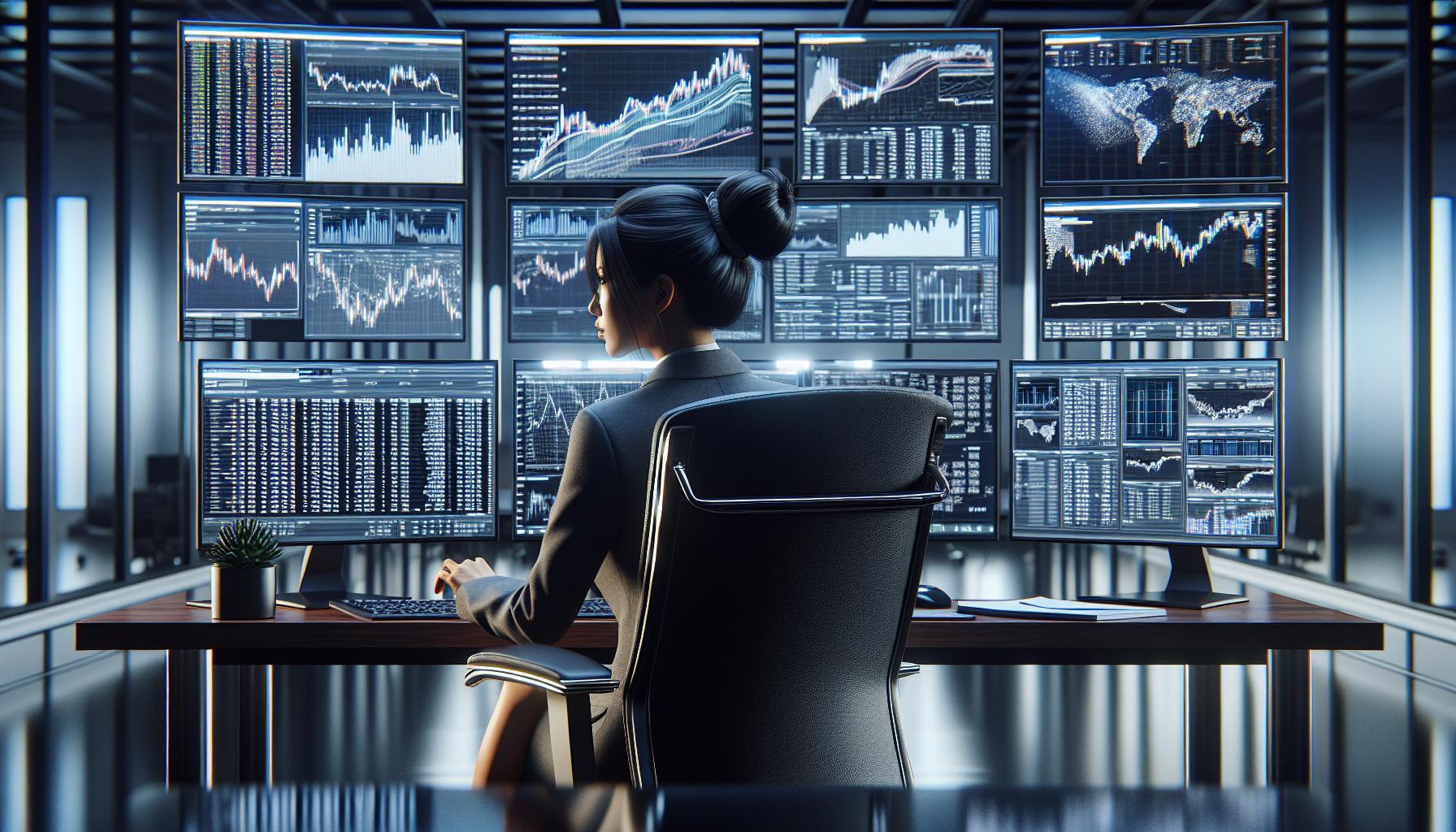 A woman is sitting at a desk in front of several monitors.
