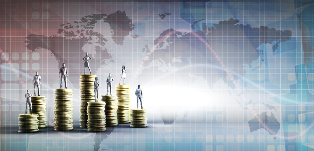 Digital artwork of humanoid figures on stacks of coins against a world map backdrop, symbolizing global economic growth and wealth distribution.