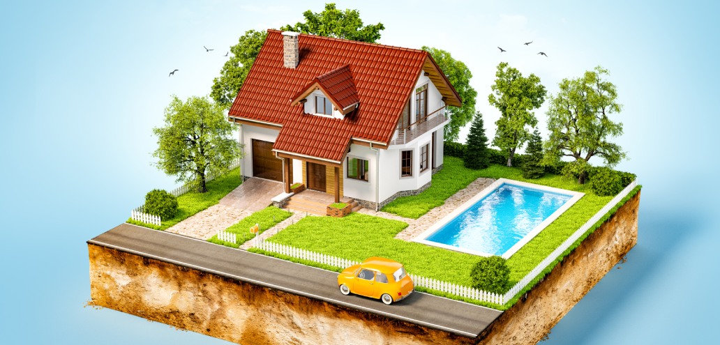 A small house with a red roof and white walls, featuring an adjacent swimming pool and a yellow car parked outside, surrounded by grass and trees, set on a cross-section of earth in Ontario. Birds