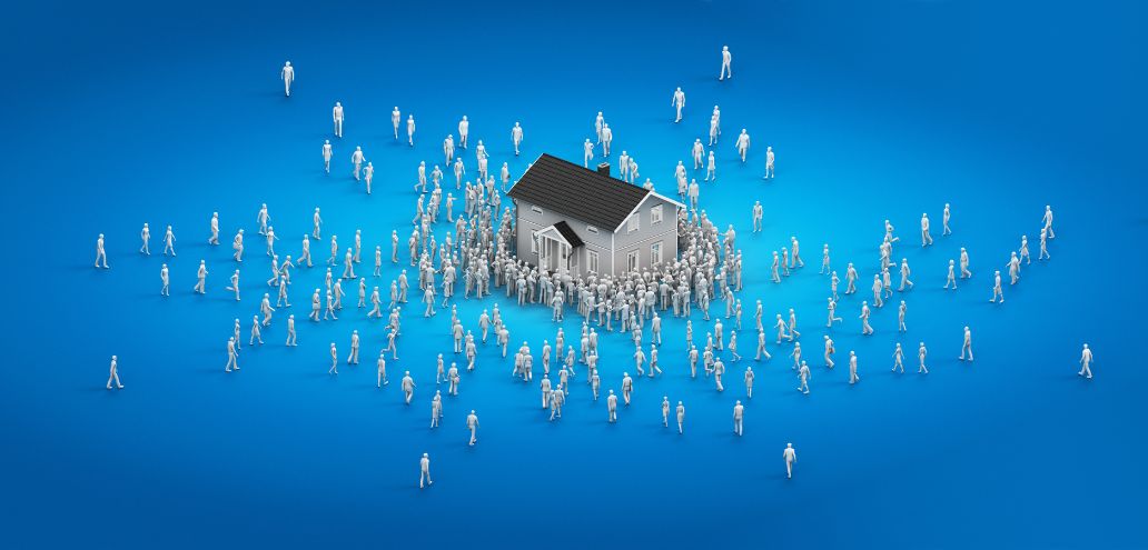 3d illustration of a small house representing Housing Accelerator Fund Recipients, surrounded by large crowds of white figures on a blue background.