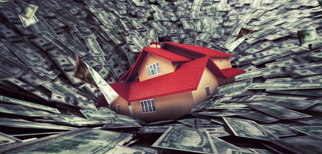 A surreal image of a red-roofed house surrounded and overwhelmed by a swirling vortex of dollar bills.