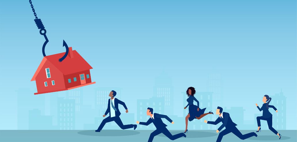 Illustration of a group of business people running away from a giant hook dangling a house, symbolizing perhaps a trap or a chase in a city environment.